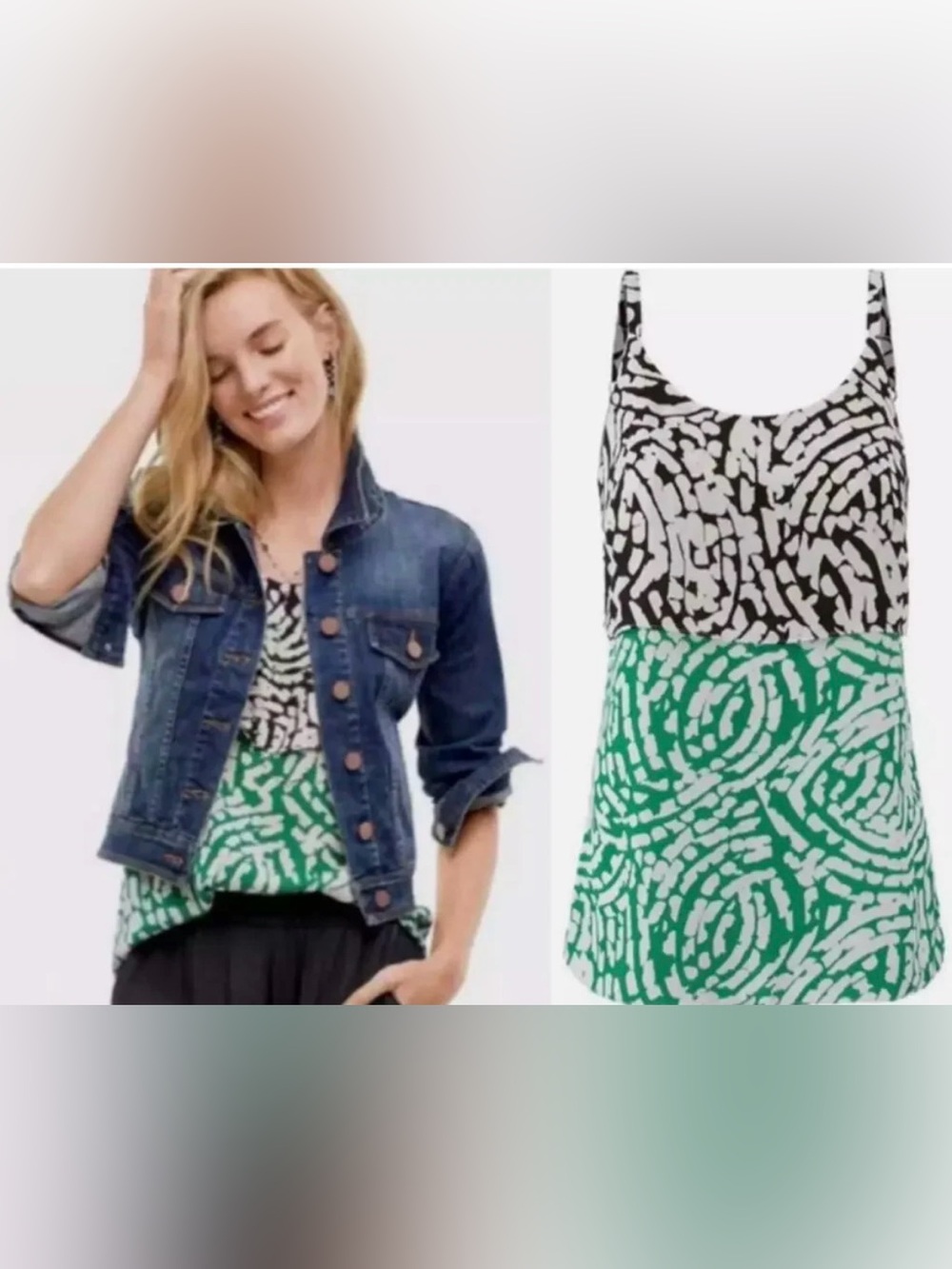 CAbi Two-Tier Spaghetti Strap Tank in Black, White & Teal ptp 20.5 length 27